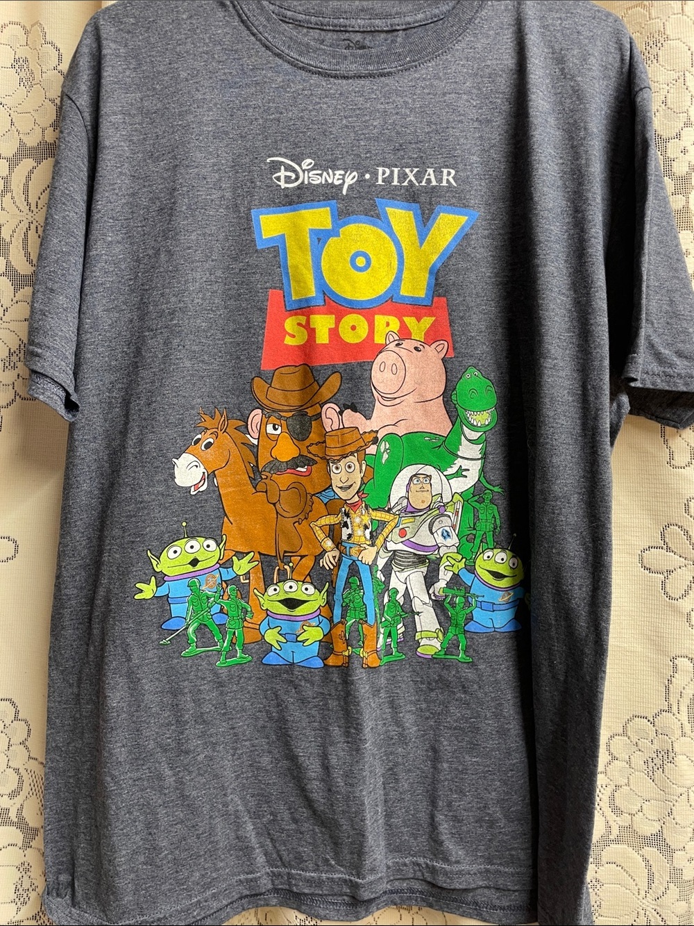 Disney Toy Story Graphic Tee in Charcoal with Yellow, Red, Green & Blue Print XL